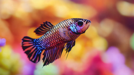 A captivating view of a colorful fish swimming gracefully against a vibrant coral background. This image showcases the beauty of marine life.の素材