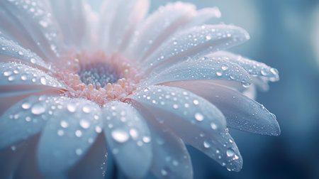 A closeup of a delicate flower adorned with water droplets, capturing the essence of nature's beauty. The soft focus enhances the tranquil atmosphere.の素材