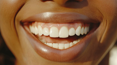 A close-up portrait of a joyful person showcasing a bright smile and healthy white teeth, reflecting happiness and positivity in a warm, natural light.の素材