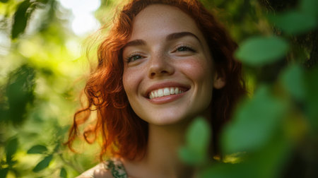 A joyful young woman with curly red hair smiles brightly among green foliage, capturing the essence of happiness and natural beauty in sunlight.の素材