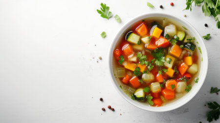 A vibrant bowl of vegetable soup featuring fresh ingredients like carrots, zucchini, and herbs. Perfect for a healthy meal or snack option.の素材