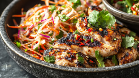 This vibrant image features grilled chicken served with a colorful fresh salad, showcasing healthy ingredients and appealing textures, perfect for dining.の素材