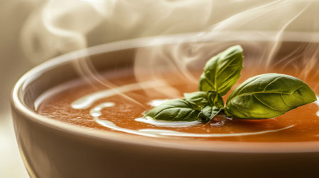 A steaming bowl of warm tomato soup garnished with fresh basil leaves, showcasing a cozy and comforting meal perfect for any occasion. Ideal for food photography.の素材