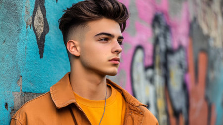 A young man stands thoughtfully against a vibrant graffiti wall, showcasing modern style and confidence in an urban setting.の素材