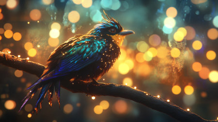 A vibrant bird perches on a branch, illuminated by twinkling lights and a colorful bokeh background, creating a magical and serene atmosphere.の素材