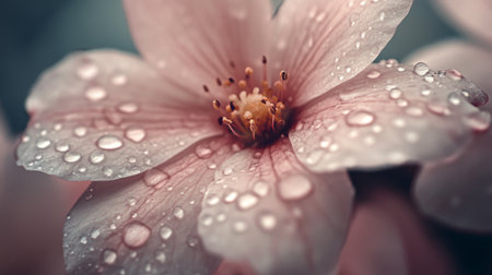 A stunning close-up of a delicate pink flower featuring glistening water droplets. This image captures the beauty and freshness of nature, perfect for various design needs.の素材