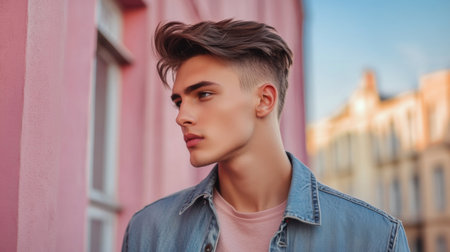 A stylish young man poses confidently against a vibrant pink wall, showcasing his trendy haircut and denim jacket, capturing a modern urban lifestyle.の素材