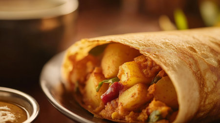A mouthwatering Indian dosa filled with spiced potatoes, beautifully plated. Perfect for breakfast or as a savory snack, showcasing rich culinary traditions.の素材