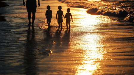 A serene moment of a family walking hand in hand on the beach at sunset. The warm light reflects on the water, creating a beautiful and nostalgic scene.の素材
