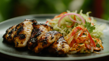 A beautifully plated dish featuring grilled chicken served alongside a fresh salad, showcasing vibrant colors and inviting textures for a healthy meal.の素材