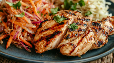 A plated view of grilled chicken served with vibrant slaw and fresh herbs, showcasing a delicious and healthy meal option rich in flavor and color.の素材