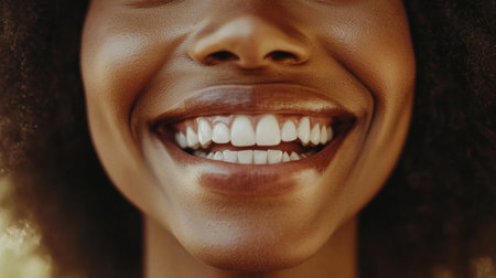 Close-up portrait of a joyful woman with an afro hairstyle, showcasing her bright smile and gleaming teeth. Emphasizes happiness and confidence in natural light.の素材