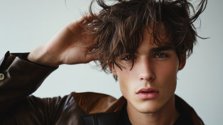 A striking portrait of a young man showcasing his stylish hair and expressive look. The image captures a moment of casual confidence and artistic flair.の素材