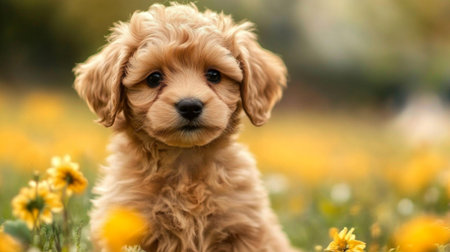 A fluffy puppy sits amidst a field of vibrant yellow flowers, showcasing its adorable features. This heartwarming scene captures the essence of happiness in nature.の素材