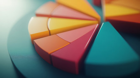 Vibrant pie chart segments showcasing various colors on a sleek surface. Ideal for business, education, and data visualization themes. Perfect for modern designs.の素材
