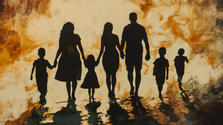 A beautiful silhouette of a family walking hand in hand at sunset. This image captures the essence of togetherness, love, and connection in a serene outdoor setting.の素材