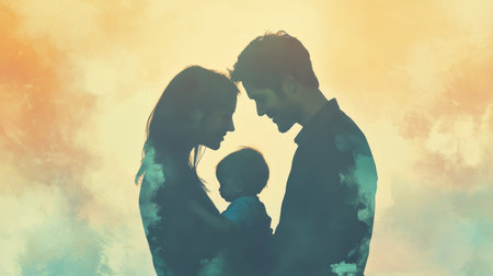 A tender silhouette of a family against a colorful backdrop, capturing the essence of love and togetherness. Ideal for family-related themes and concepts.の素材