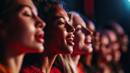 This captivating photo showcases diverse women singing together, expressing joy and unity. The close-up focus highlights their emotions in a vibrant setting.の素材