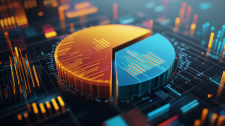 A vibrant digital visualization featuring a pie chart and data graphs. Ideal for business analytics, presentations, and financial reports.の素材