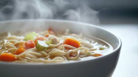A closeup of a steaming bowl of noodle soup with fresh vegetables like carrots and celery, perfect for warming up on a chilly day.の素材