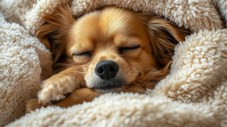 A serene scene of a small dog peacefully sleeping wrapped in a fluffy blanket, radiating warmth and comfort. Perfect for pet lovers and cozy moments.の素材