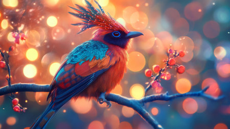 A colorful bird perched on a branch surrounded by vivid bokeh lights. This serene scene showcases the beauty of nature and vibrant wildlife, perfect for art lovers.の素材