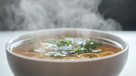 A steaming bowl of flavorful broth garnished with fresh herbs. Ideal for showcasing comfort food, culinary delights, or cozy dining experiences.の素材