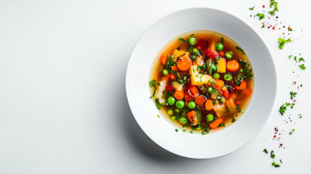 A vibrant vegetable soup featuring carrots, peas, and herbs in a white bowl. Perfect for a nutritious meal or cozy dinner setting.の素材
