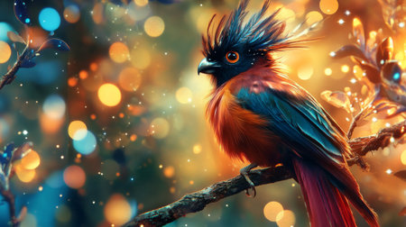A vibrant and colorful bird perched on a branch, surrounded by a dreamy bokeh background. Perfect for nature and wildlife themes or artistic projects.の素材