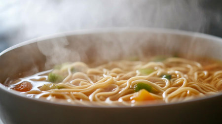 A steaming bowl of delicious noodle soup, featuring fresh vegetables and rich broth. Perfect for capturing the essence of comfort food.の素材