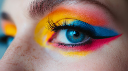 A stunning close-up of a woman's eye featuring vibrant and artistic makeup. The colorful design showcases bold hues, emphasizing beauty and creativity.の素材
