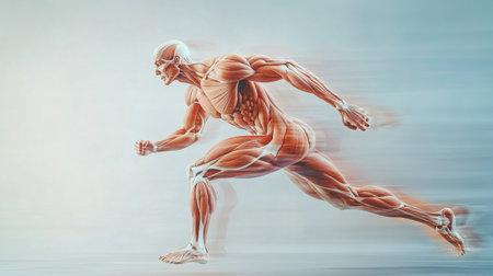 A vibrant illustration showcasing dynamic human anatomy in motion. The artwork captures the essence of speed and athleticism, emphasizing muscle structure and physical performance.の素材