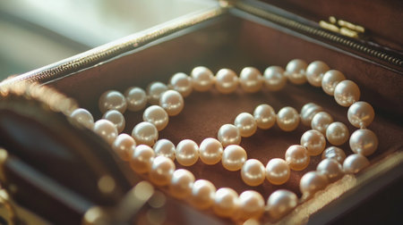 A closeup view of elegant pearls arranged in a vintage jewelry box, showcasing their shine and smooth surfaces, perfect for luxury and fashion themes.の素材