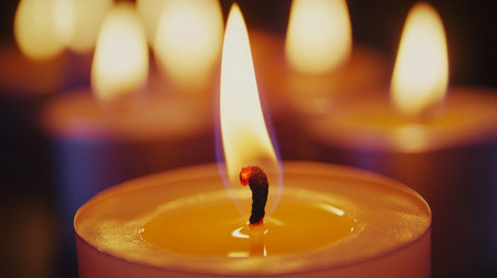 A closeup of a glowing candle with a vibrant flame, creating a warm and tranquil atmosphere perfect for meditation, relaxation, or romantic settings.の素材