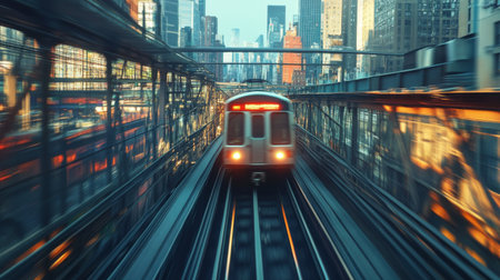 A fast-moving train navigates urban tracks, captured in motion amidst a vibrant city skyline. The scene reflects dynamic city life and modern transportation.の素材