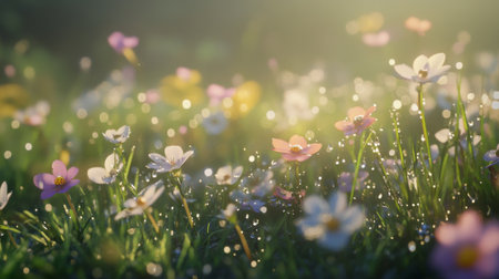 A vibrant scene of wildflowers glistening with dew in a sunlit meadow. This serene setting captures the beauty of nature in full bloom, perfect for showcasing freshness and tranquility.の素材
