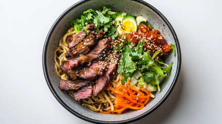 This vibrant noodle bowl features a variety of fresh ingredients, tender meat, and colorful vegetables. Perfect for a tasty lunch or dinner option.の素材