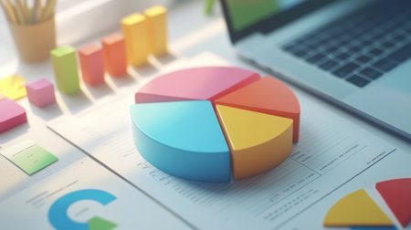 Vibrant pie chart surrounded by documents and laptop, showcasing data analysis and statistics in a modern office environment. Perfect for business themes.の素材