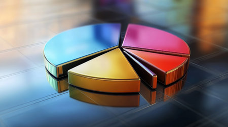 A vibrant 3D pie chart showcasing segments in various colors, perfect for data analysis, financial reports, and marketing presentations, emphasizing visual appeal.の素材