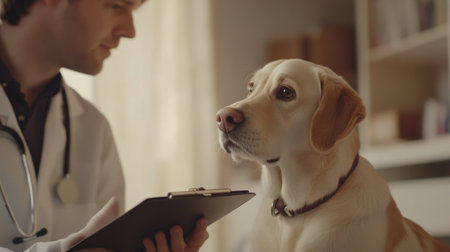 A veterinarian attentively consults a dog during a check-up in a welcoming office environment, showcasing the bond between pets and their caregivers.の素材