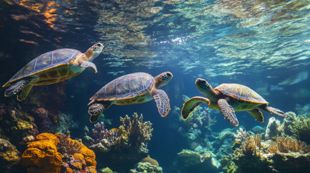 Three sea turtles gracefully swim through a vibrant coral reef, showcasing the beauty of marine life in a serene underwater environment.の素材