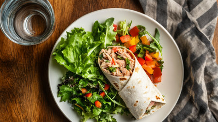 A vibrant plate featuring a fresh wrap filled with ingredients, accompanied by a colorful salad and a glass of water, perfect for a healthy meal.の素材