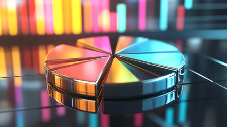 A vibrant pie chart with colorful segments reflects on a digital surface, symbolizing data analysis and business strategy in a modern setting.の素材