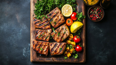 A vibrant display of grilled meat with fresh vegetables, herbs, and lemon. Perfect for culinary inspiration, healthy meals, and barbecue gatherings.の素材