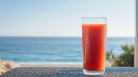 A refreshing glass of tomato juice sits on a table with a stunning ocean view, perfect for a relaxing summer day by the beach. Enjoy the vibrant color!の素材