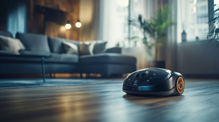 A sleek robot vacuum navigates a stylish living room, highlighting modern technology and convenience in home cleaning. Ideal for interior design and lifestyle concepts.の素材