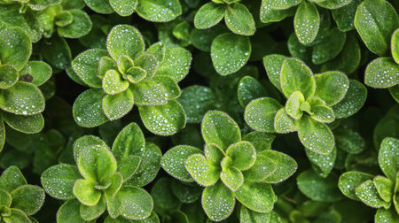 Close-up view of fresh green herbs adorned with dew drops, showcasing their vibrant colors and textures in natural light, ideal for nature-themed projects.の素材