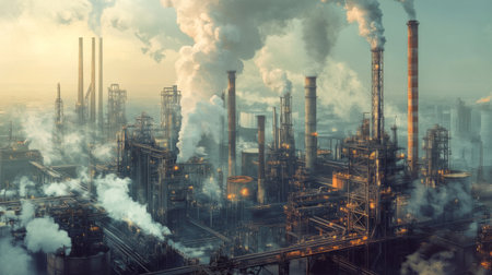 A vast industrial landscape depicts smokestacks releasing emissions into the atmosphere, showcasing manufacturing processes and urban development.の素材
