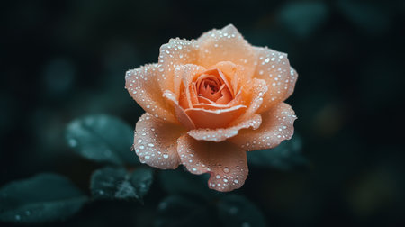 A stunning close-up of a blooming orange rose with droplets of dew on its petals, set against a dark background, capturing nature's delicate beauty.の素材