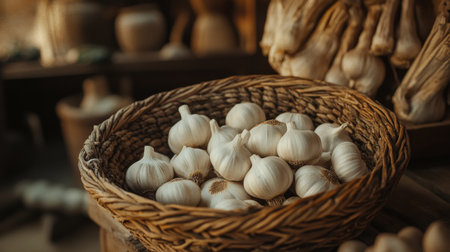 A rustic basket filled with fresh garlic bulbs showcases the beauty of natural ingredients. Perfect for culinary use or farm market themes.の素材